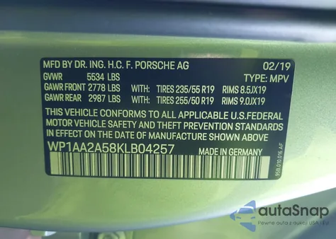 2019 Porsche Macan из США, поврежденный, VIN WP1AA2A58KLB04257